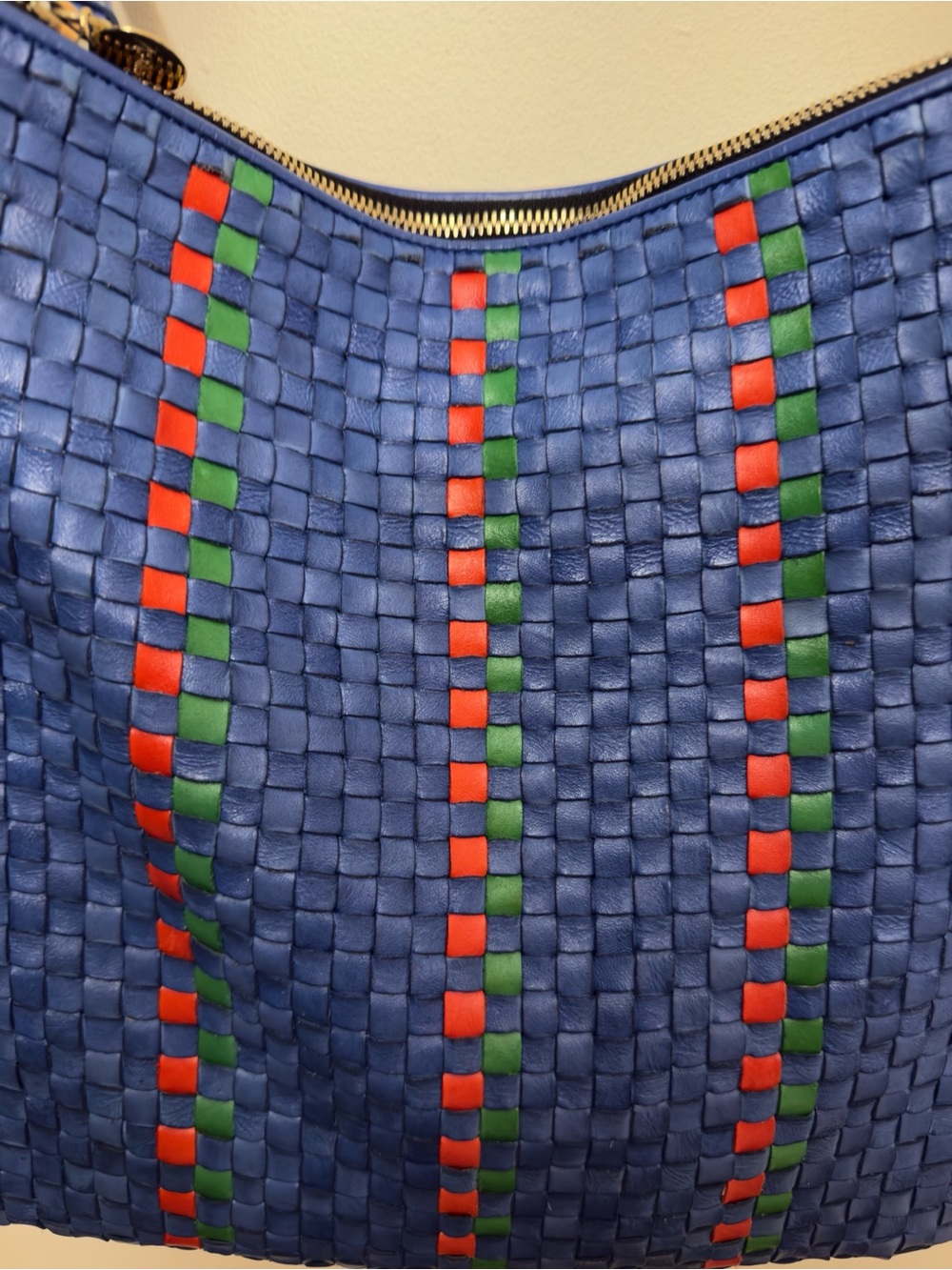 Rare Clare V. Handwoven Leather Messenger Bag Blue Red Green Checkered Stripe - Picture 8 of 15
